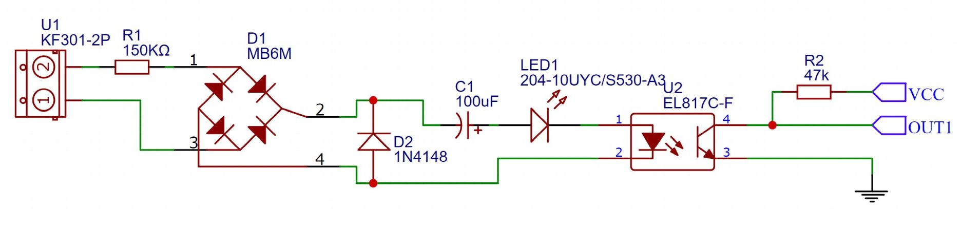 220-230V AC detectie module 1-kanaal met optocoupler schema